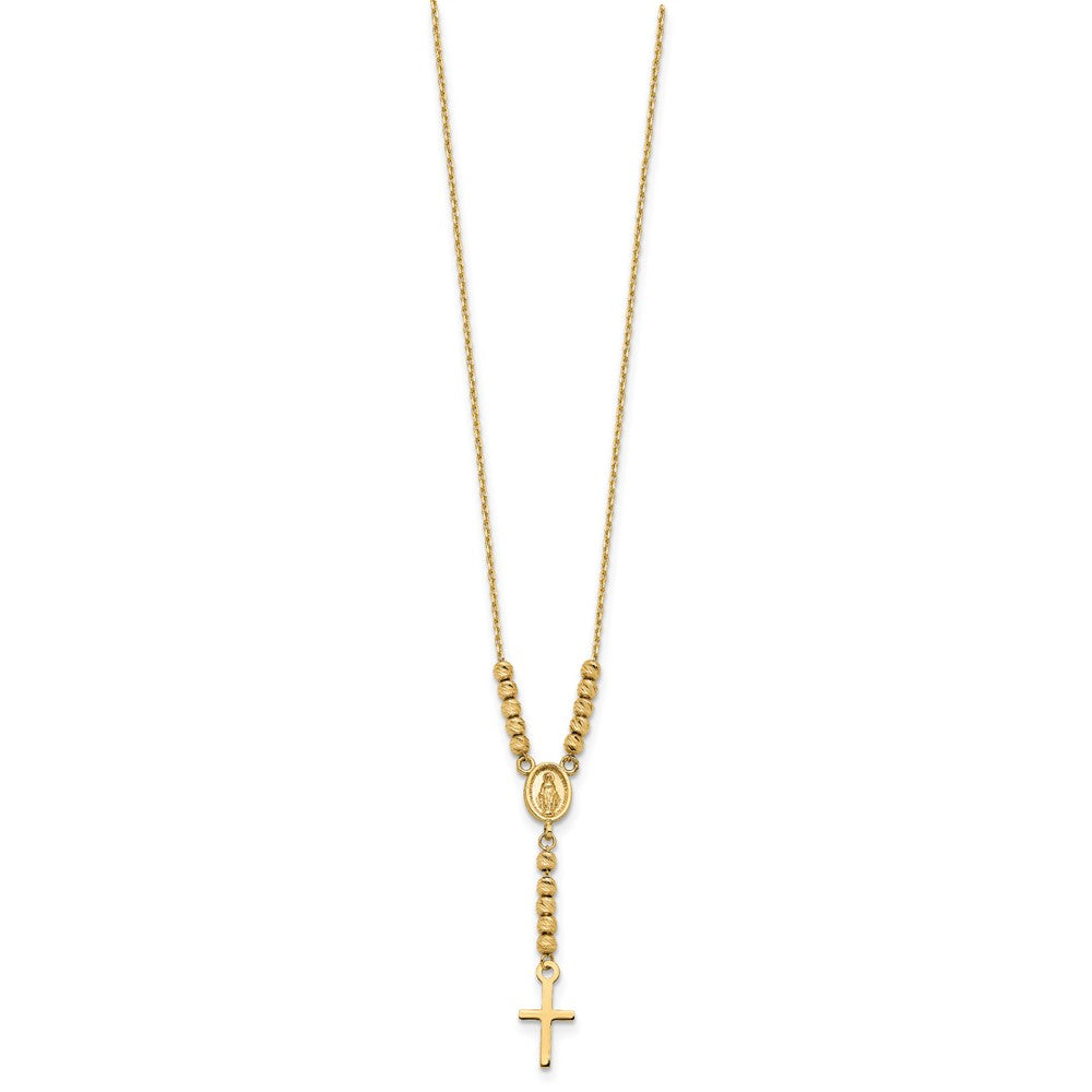 14K Polished Miraculous Medal and Cross with Diamond-cut Beads 17 inch Y-Necklace