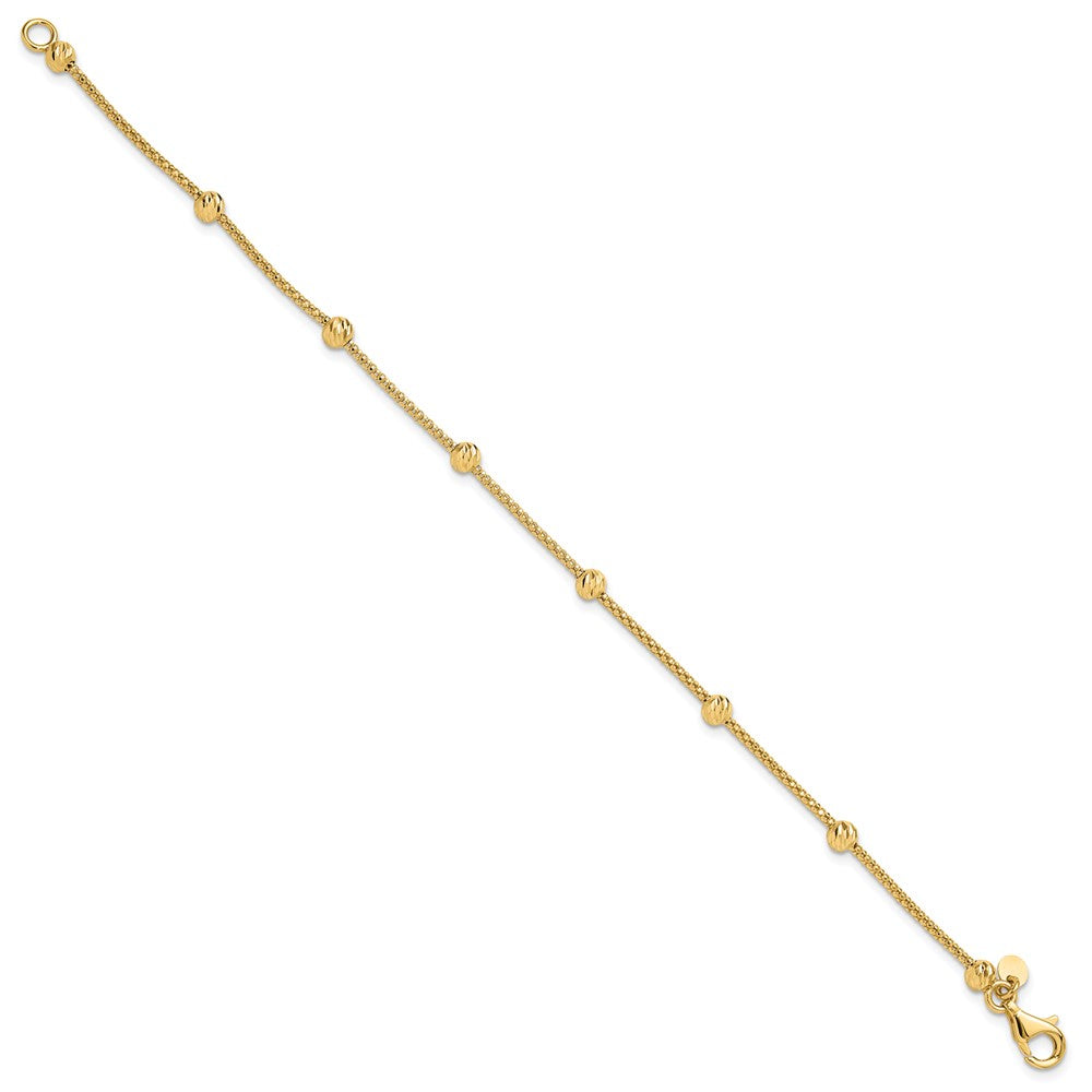 14K Polished Diamond-cut Beads and Mesh Chain 7.5 inch Bracelet