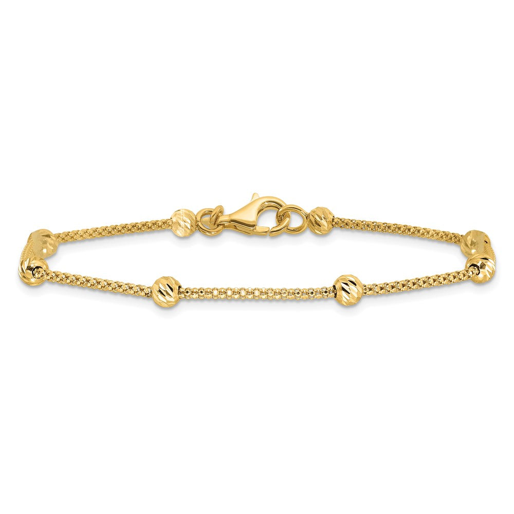 14K Polished Diamond-cut Beads and Mesh Chain 7.5 inch Bracelet