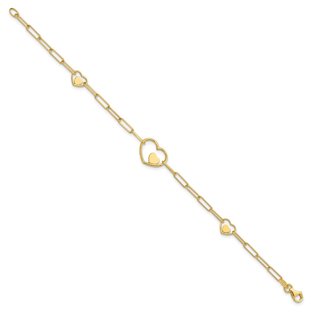 14K Double Hearts and Paperclip Links 7.25in Bracelet