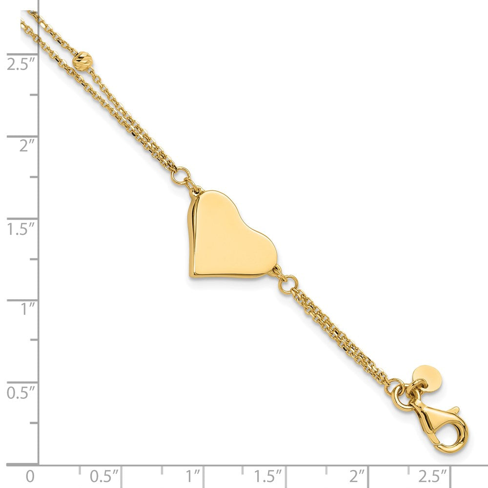 14K Polished 11x18mm Heart and Diamond-cut Beaded 2-Strand 7.5 inch Bracelet