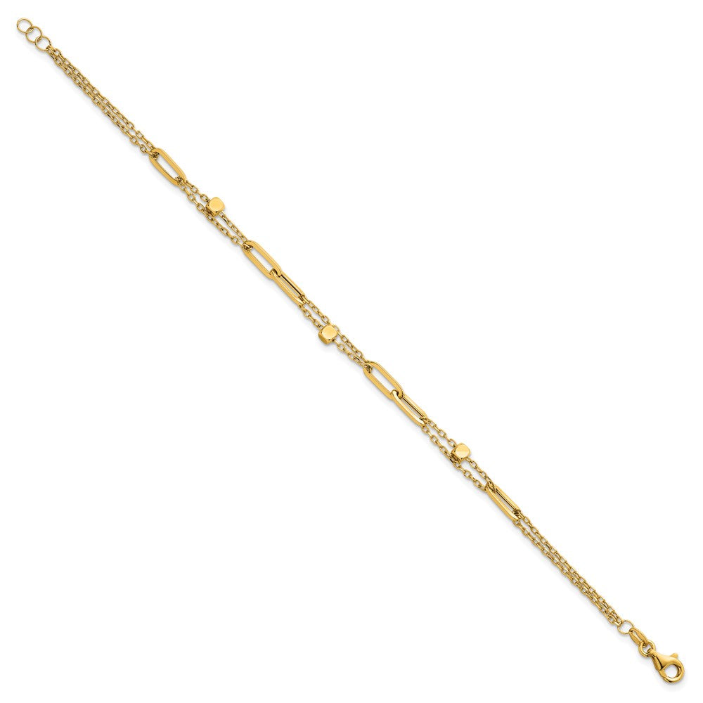 14K Polished and Beaded 2-Strand with Fancy Paperclip Link 7.5 Inch Bracelet