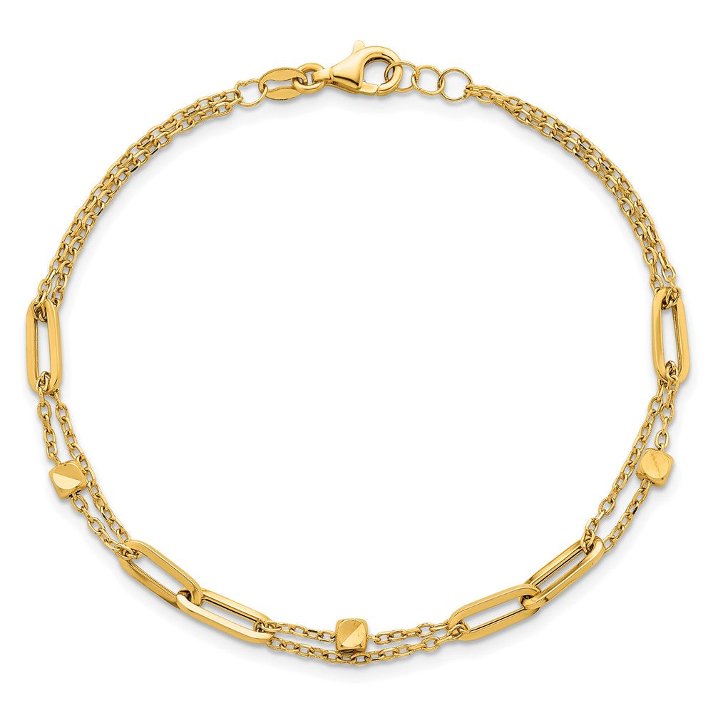 14K Polished and Beaded 2-Strand with Fancy Paperclip Link 7.5 Inch Bracelet