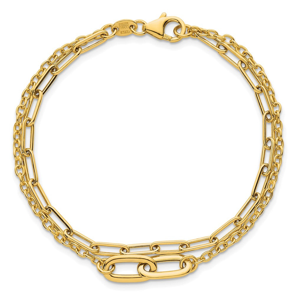 14k Polished Paperclip and Oval Cable Link Double Strand 7.5 inch Bracelet
