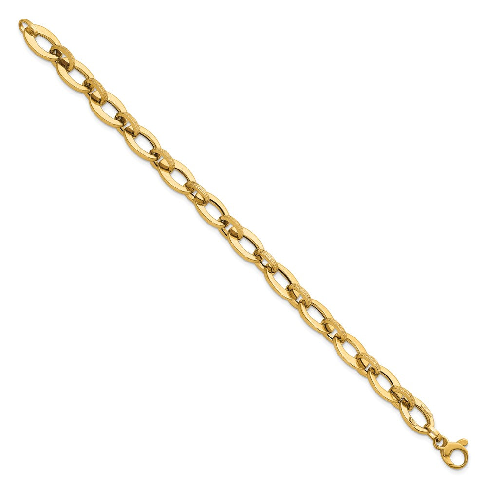 14K Polished and Textured Greek Key Etched 10mm Fancy Oval Link 7.75 inch Bracelet