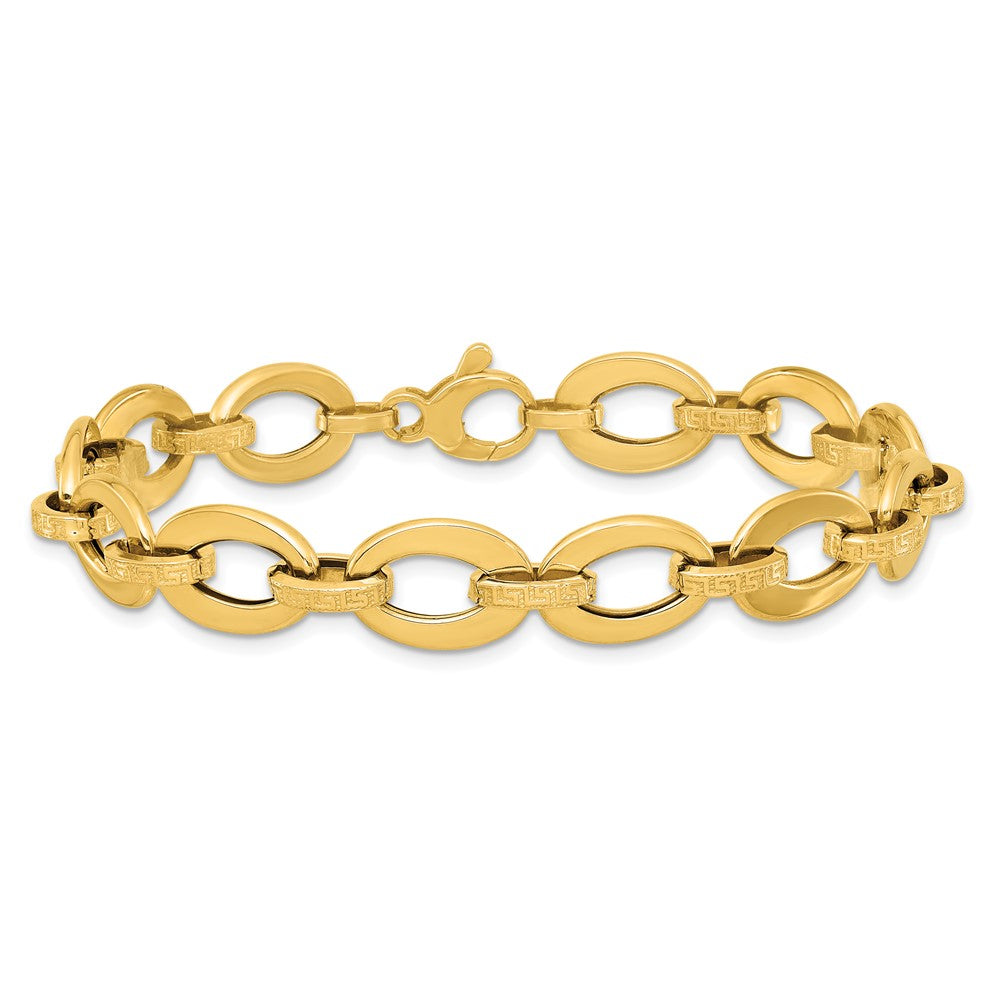 14K Polished and Textured Greek Key Etched 10mm Fancy Oval Link 7.75 inch Bracelet
