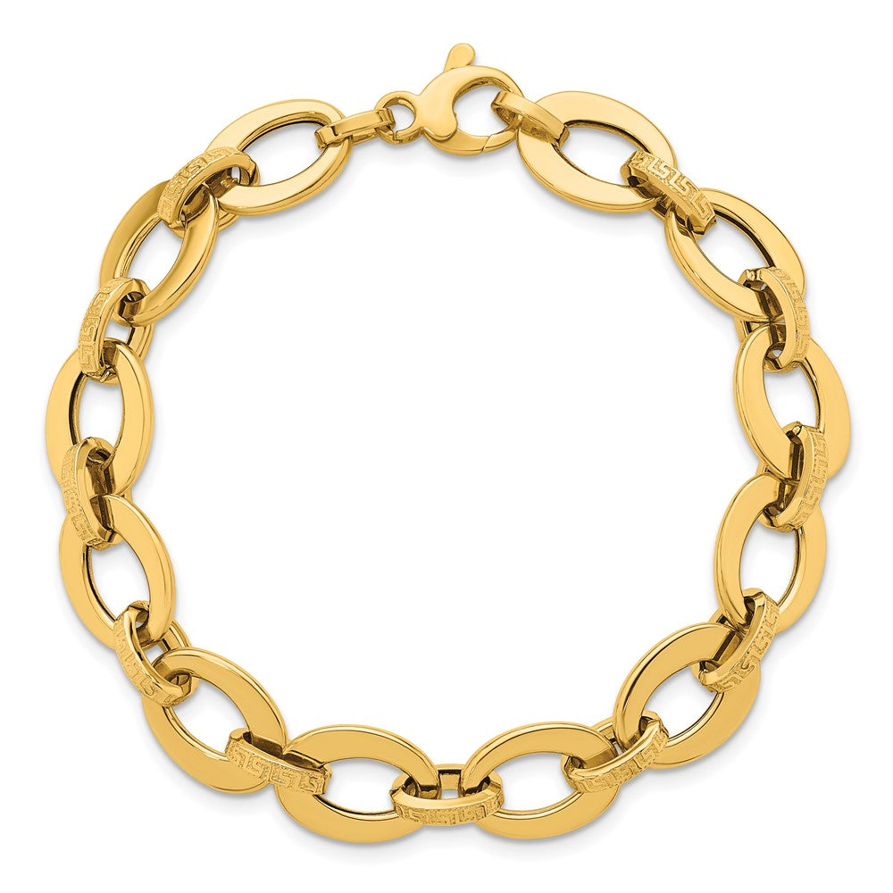 14K Polished and Textured Greek Key Etched 10mm Fancy Oval Link 7.75 inch Bracelet