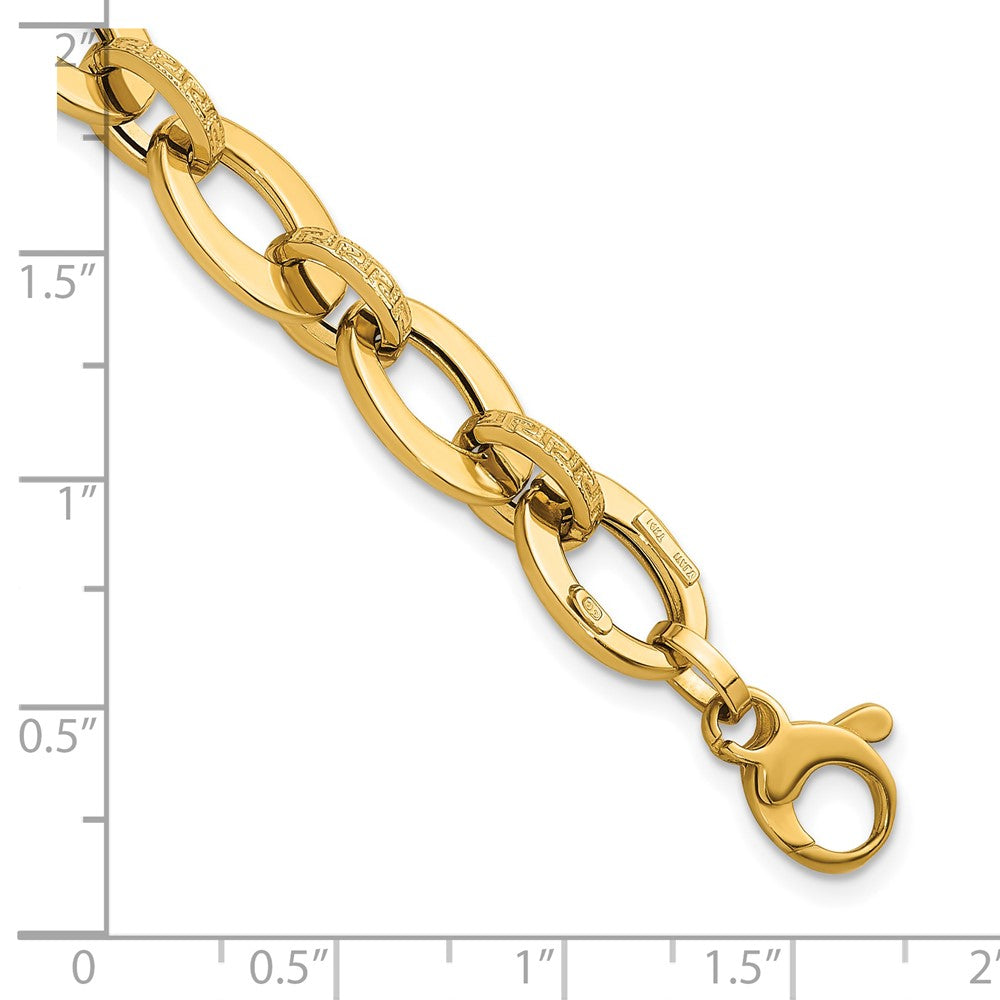 14K Polished and Textured Greek Key Etched 10mm Fancy Oval Link 7.75 inch Bracelet