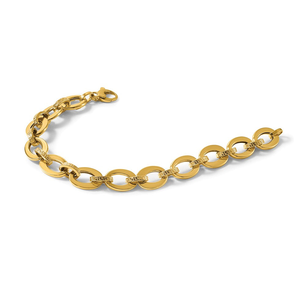 14K Polished and Textured Greek Key Etched 10mm Fancy Oval Link 7.75 inch Bracelet