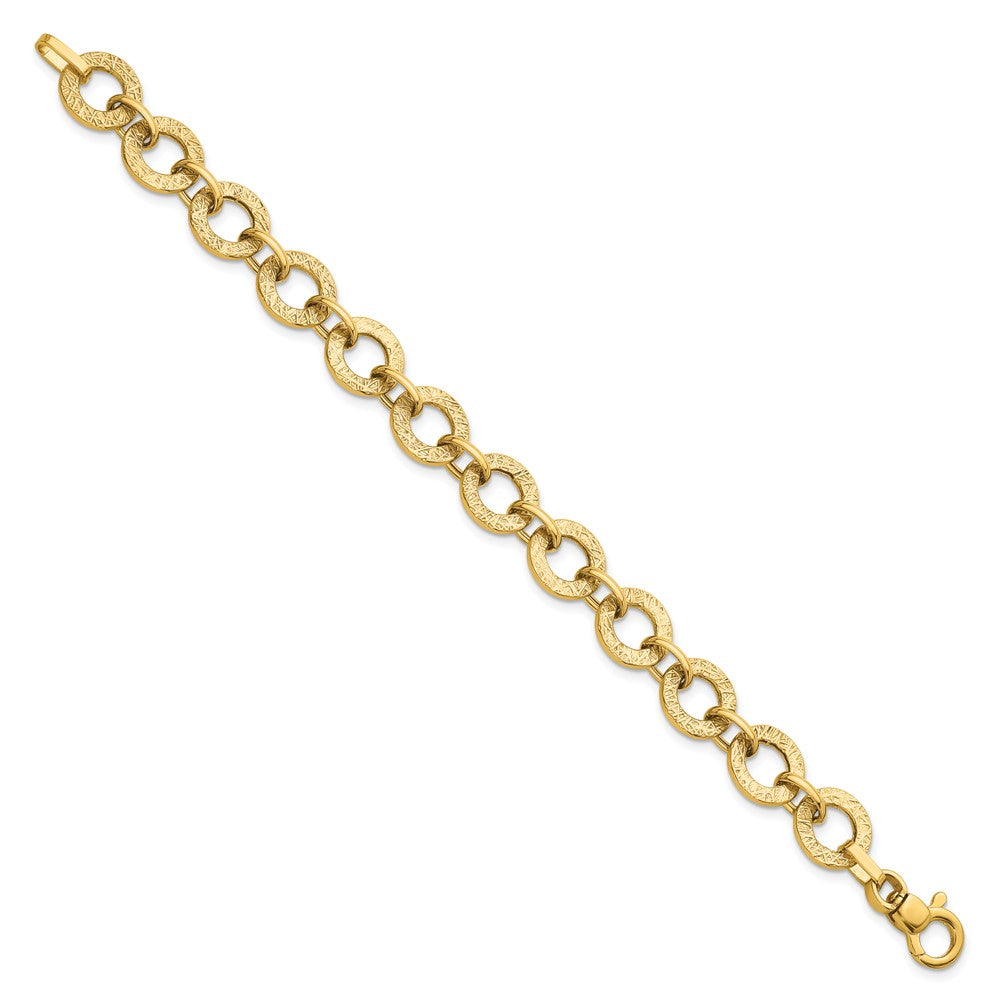 14K Polished and Textured 12mm Fancy Round Link 7 inch Bracelet