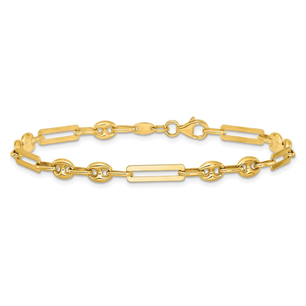 14K Polished 4mm Fancy Paperclip and Puffed Anchor/Mariner Link 7.5 inch Bracelet