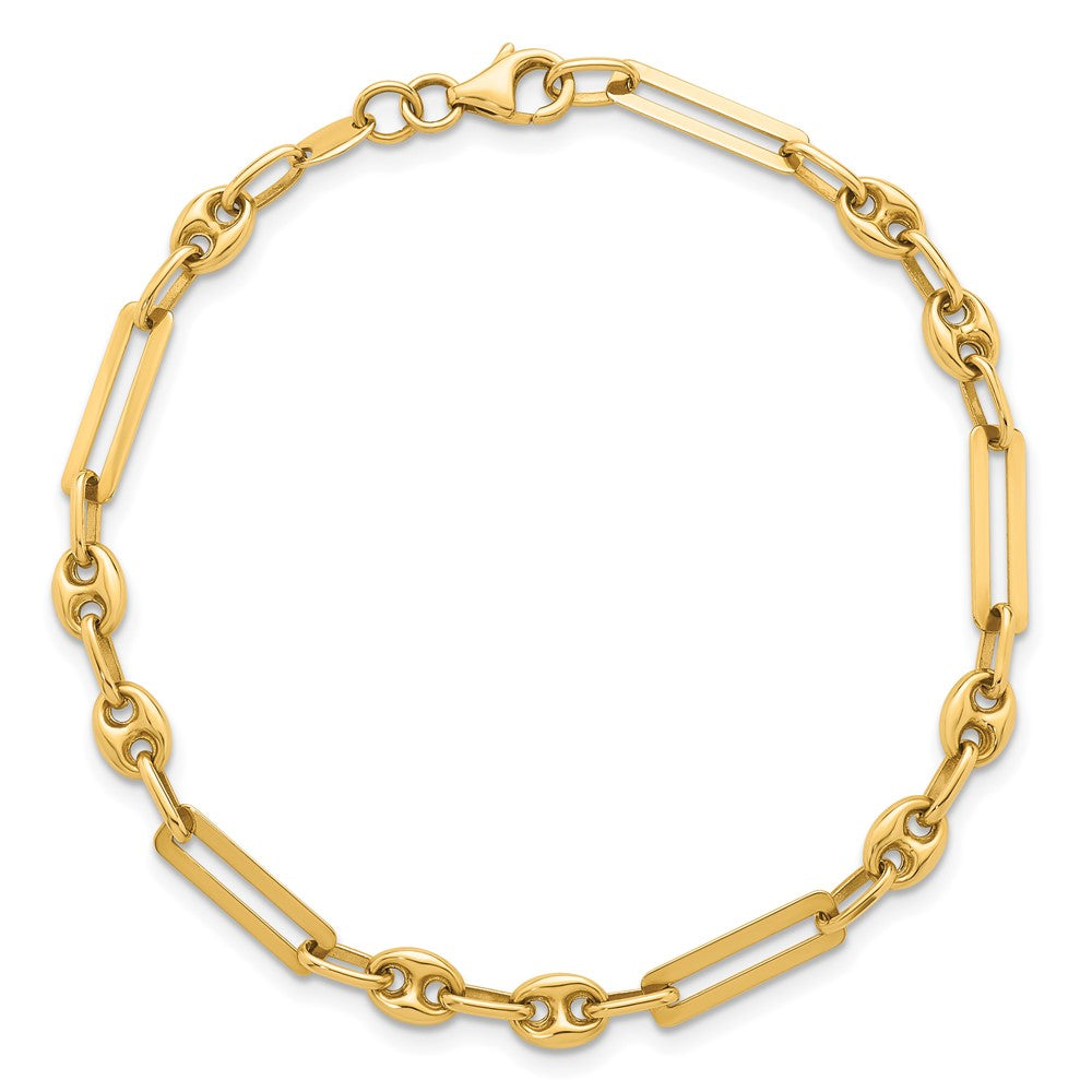 14K Polished 4mm Fancy Paperclip and Puffed Anchor/Mariner Link 7.5 inch Bracelet