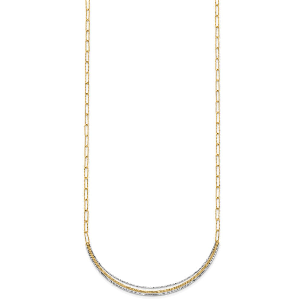 14k Two-Tone Textured Woven Curved Bar with Long Link 17 inch Necklace Plus 2 inch Extender