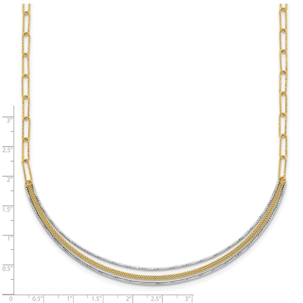 14k Two-Tone Textured Woven Curved Bar with Long Link 17 inch Necklace Plus 2 inch Extender