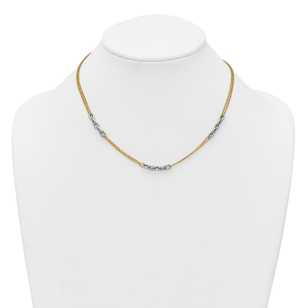 14K Two-Tone Polished 4.8mm Fancy Oval Link and Double Strand Chain 17 inch Necklace Plus 2 inch Extender