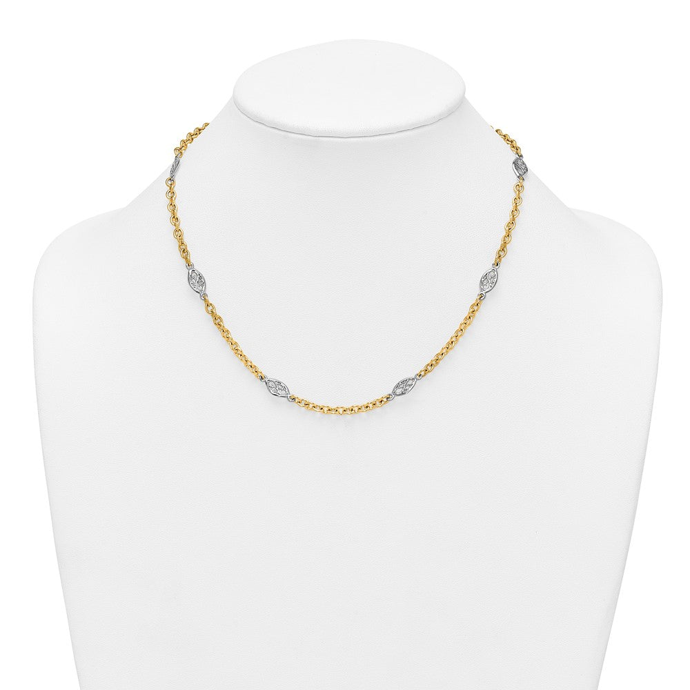 14k Two-tone Polished 6.5mm Fancy Cable Chain and Filigree Oval 18 inch Necklace