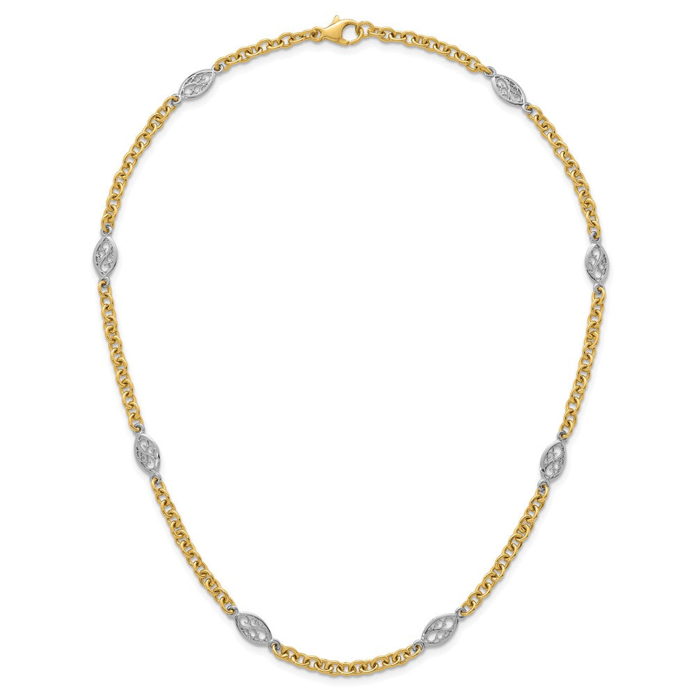 14k Two-tone Polished 6.5mm Fancy Cable Chain and Filigree Oval 18 inch Necklace