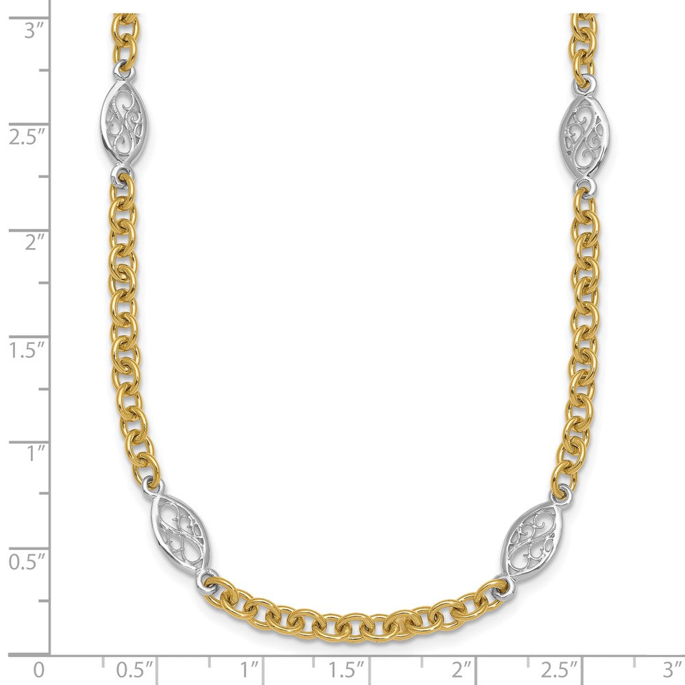 14k Two-tone Polished 6.5mm Fancy Cable Chain and Filigree Oval 18 inch Necklace