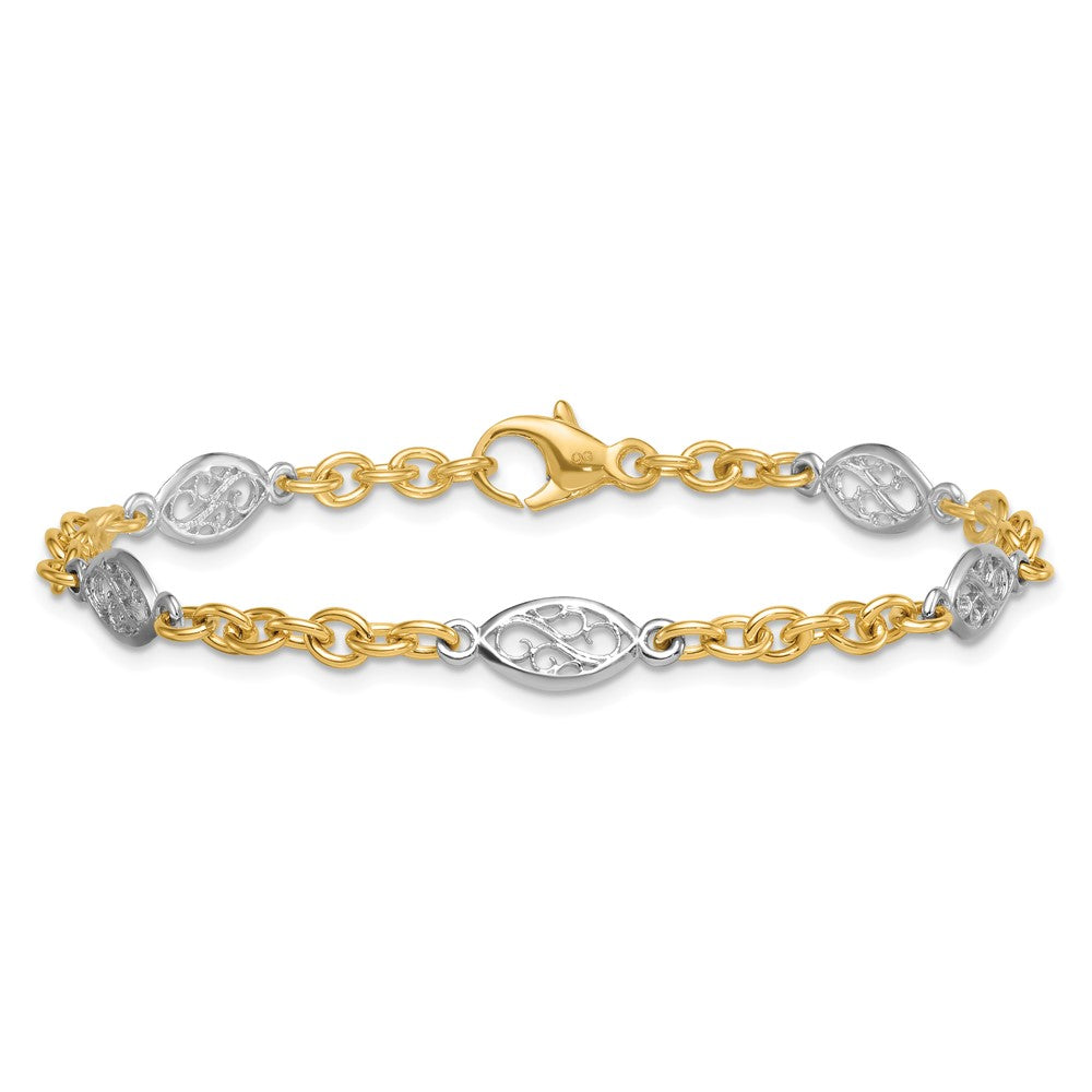 14k Two-tone Polished 6.5mm Fancy Cable Chain and Filigree Oval 7.25 inch Bracelet
