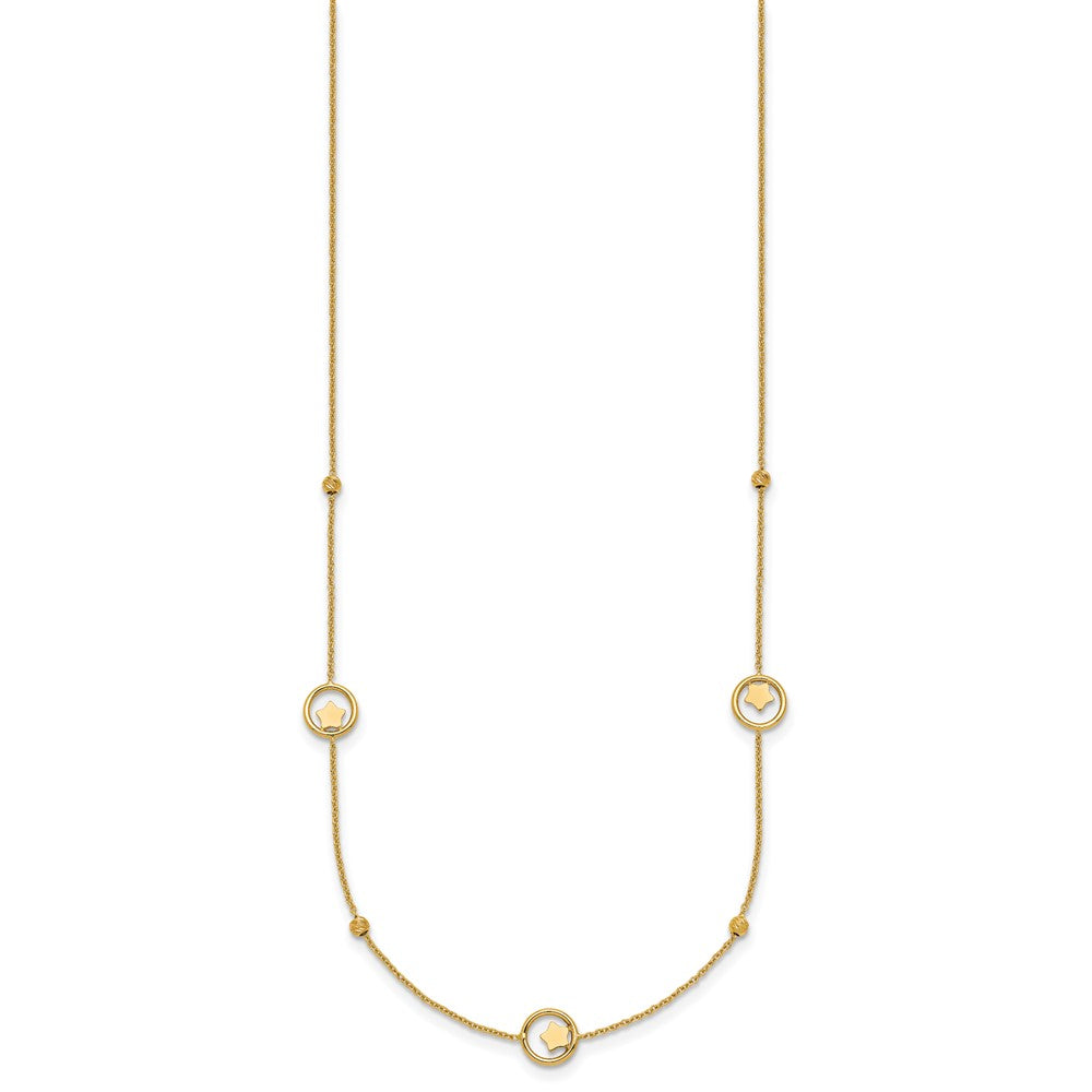 14k Polished Stars in Circle with Diamond-cut Beads 7-Station 16.75 inch Necklace