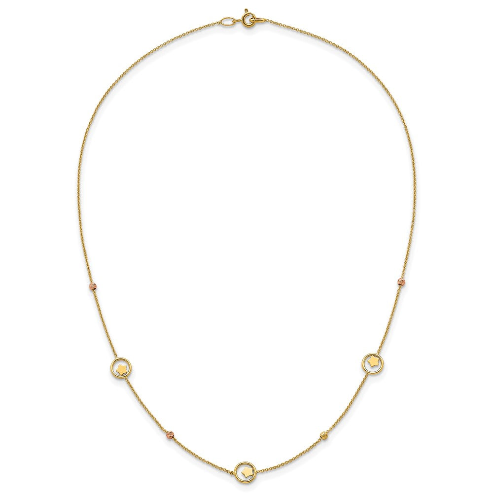 14k Polished Stars in Circle with Diamond-cut Beads 7-Station 16.75 inch Necklace