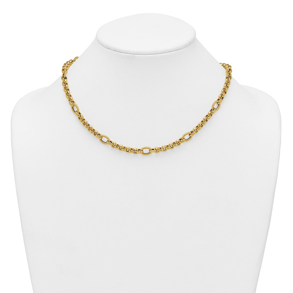 14k Polished and Textured Rolo and Oval Fancy Chain 18 inch Necklace