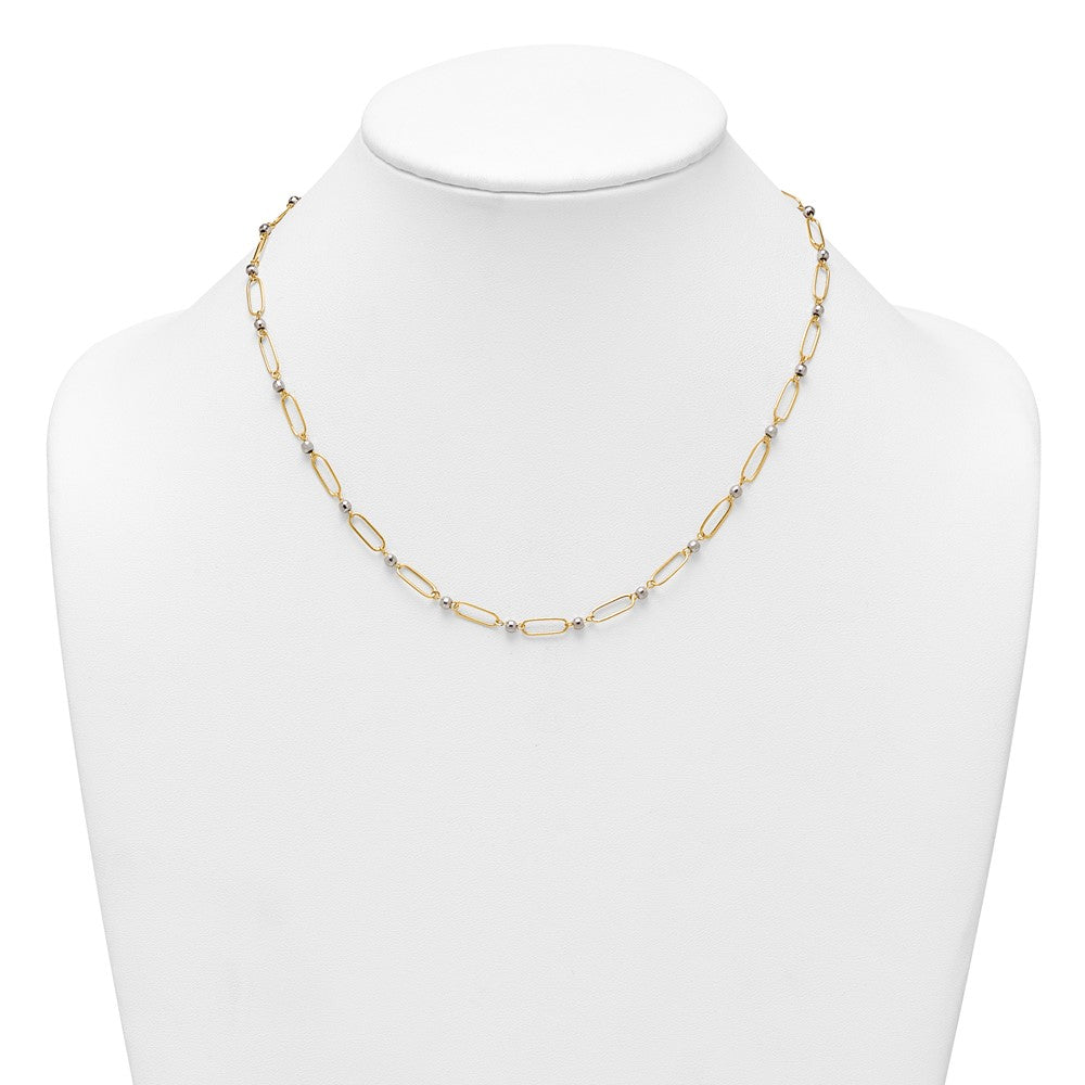 14k Two-tone Polished Paperclip Links and Faceted Beads 18 inch Necklace