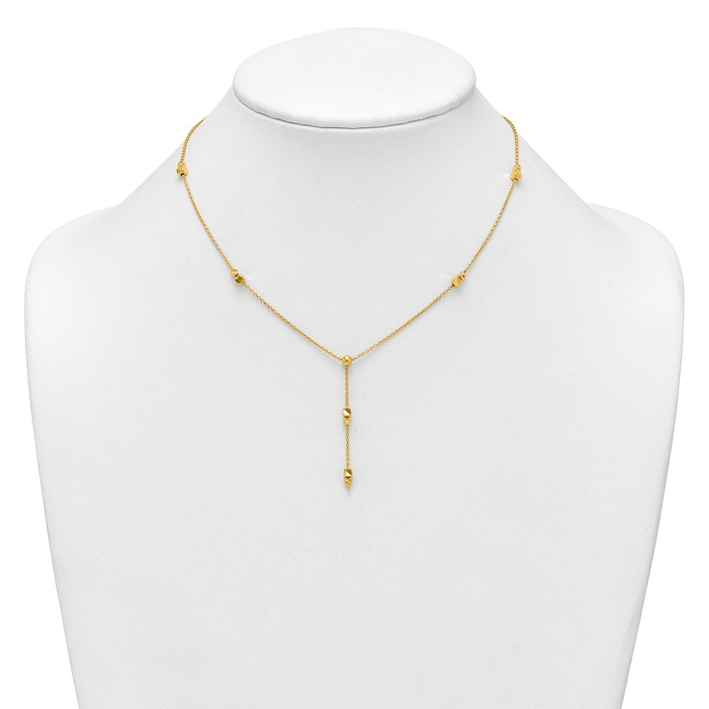 14K Polished Diamond-cut and Beaded 16 Inch Lariat Necklace Plus 2 Inch Extender