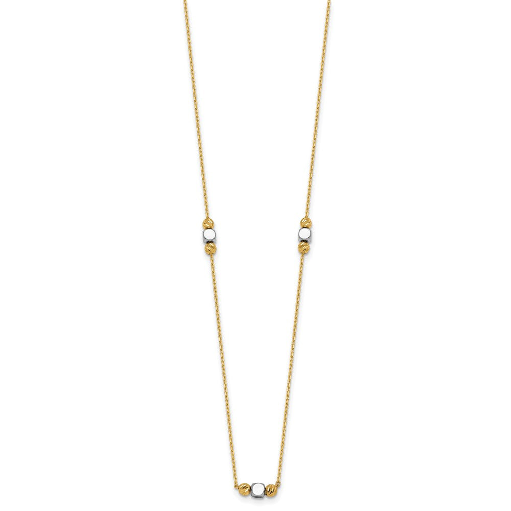 14K Two-Tone Polished Diamond-cut and Square Bead 5-Station 16 inch Necklace Plus 2 inch Extender