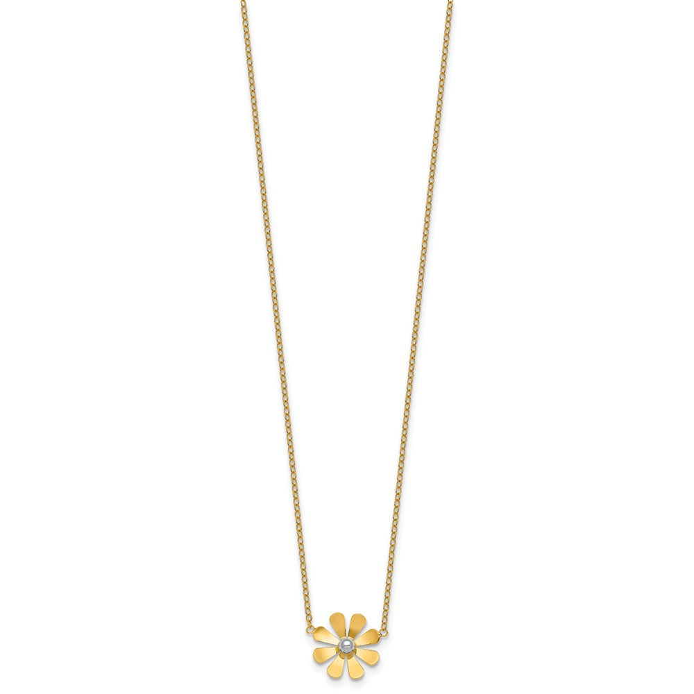 14k Polished Daisy with White Rhodium Center 16 inch Necklace with 2 inch Extender