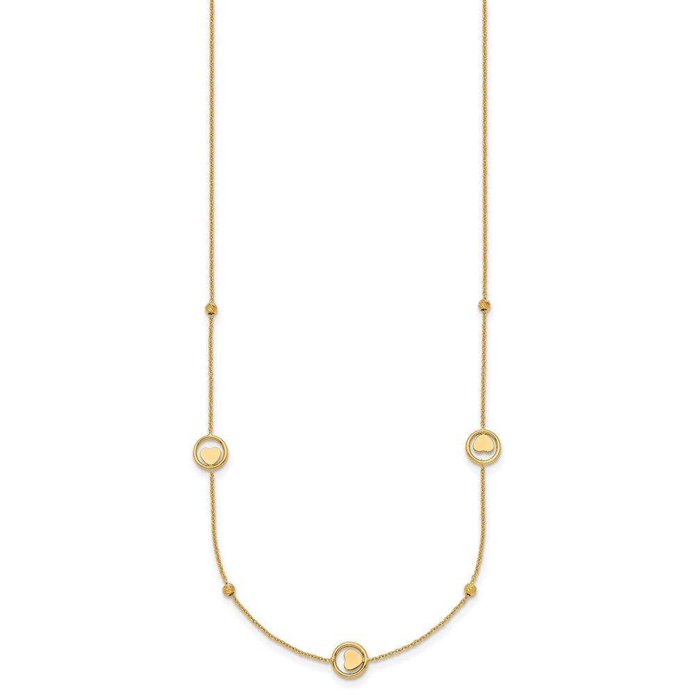 14k Polished Heart in Circle with Diamond-cut Beads 7-Station 16.75 inch Necklace
