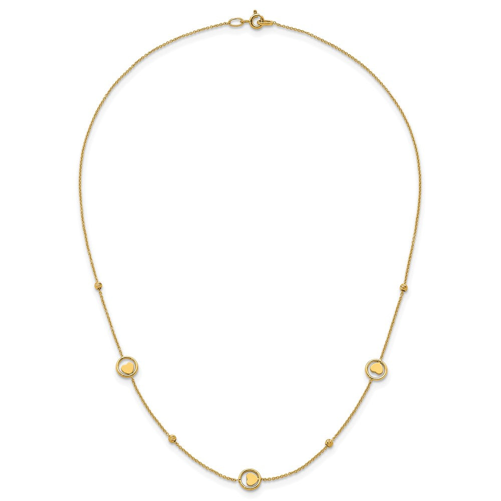 14k Polished Heart in Circle with Diamond-cut Beads 7-Station 16.75 inch Necklace