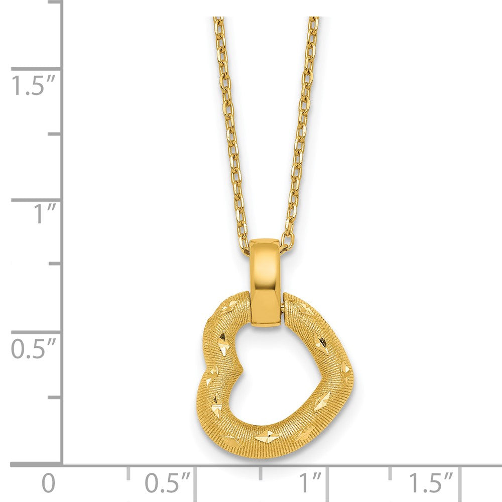 14K Polished Textured and Diamond-cut Fancy Heart Pendant 16 Inch Necklace with 2.25 Inch Extender