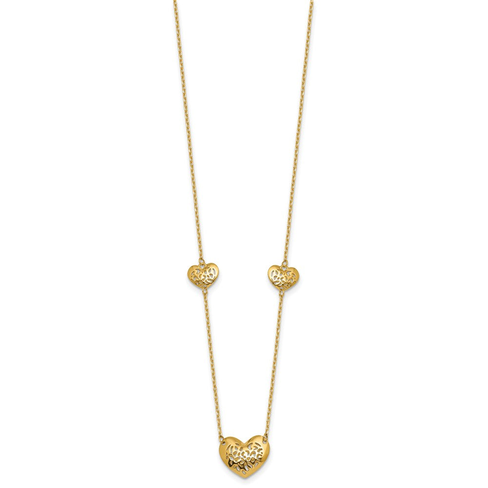 14K Polished Filigree Puffed Heart 3-Station 16 inch Necklace Plus 2 inch Extender