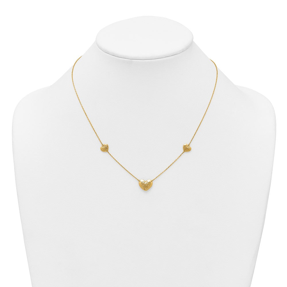 14K Polished Filigree Puffed Heart 3-Station 16 inch Necklace Plus 2 inch Extender