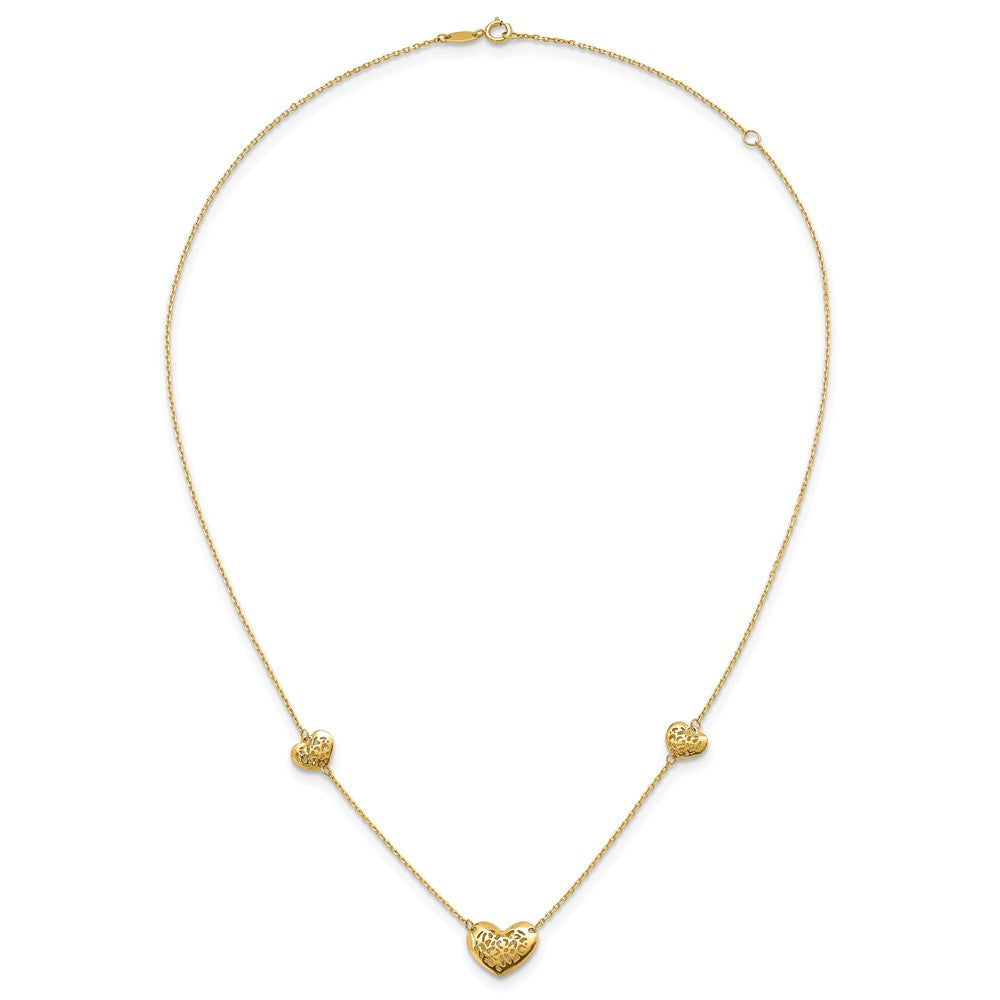 14K Polished Filigree Puffed Heart 3-Station 16 inch Necklace Plus 2 inch Extender
