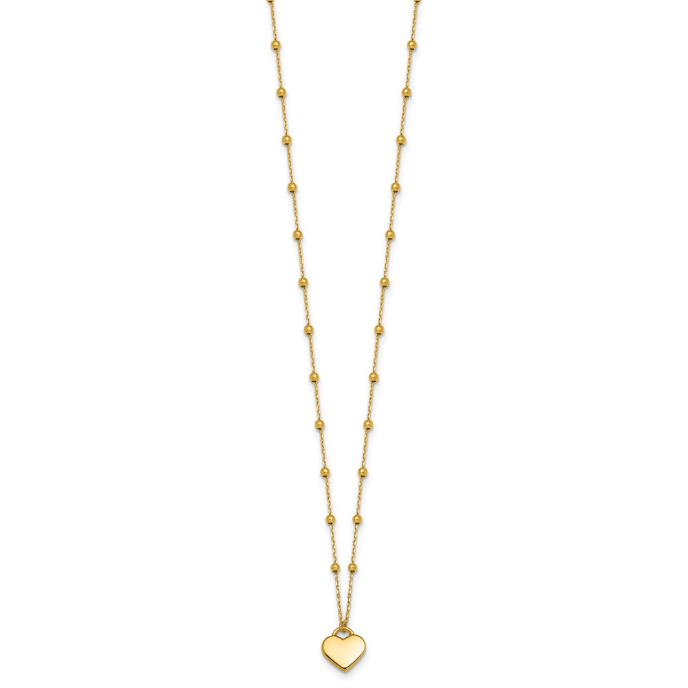 14k Polished Heart Pendant and Beaded Chain 16 inch Necklace Plus 2 inch Extender
