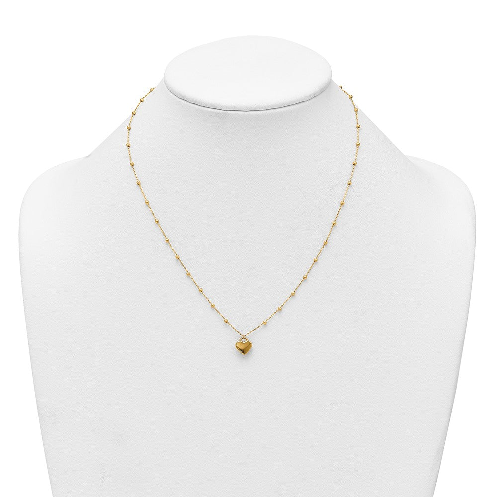 14k Polished Heart Pendant and Beaded Chain 16 inch Necklace Plus 2 inch Extender
