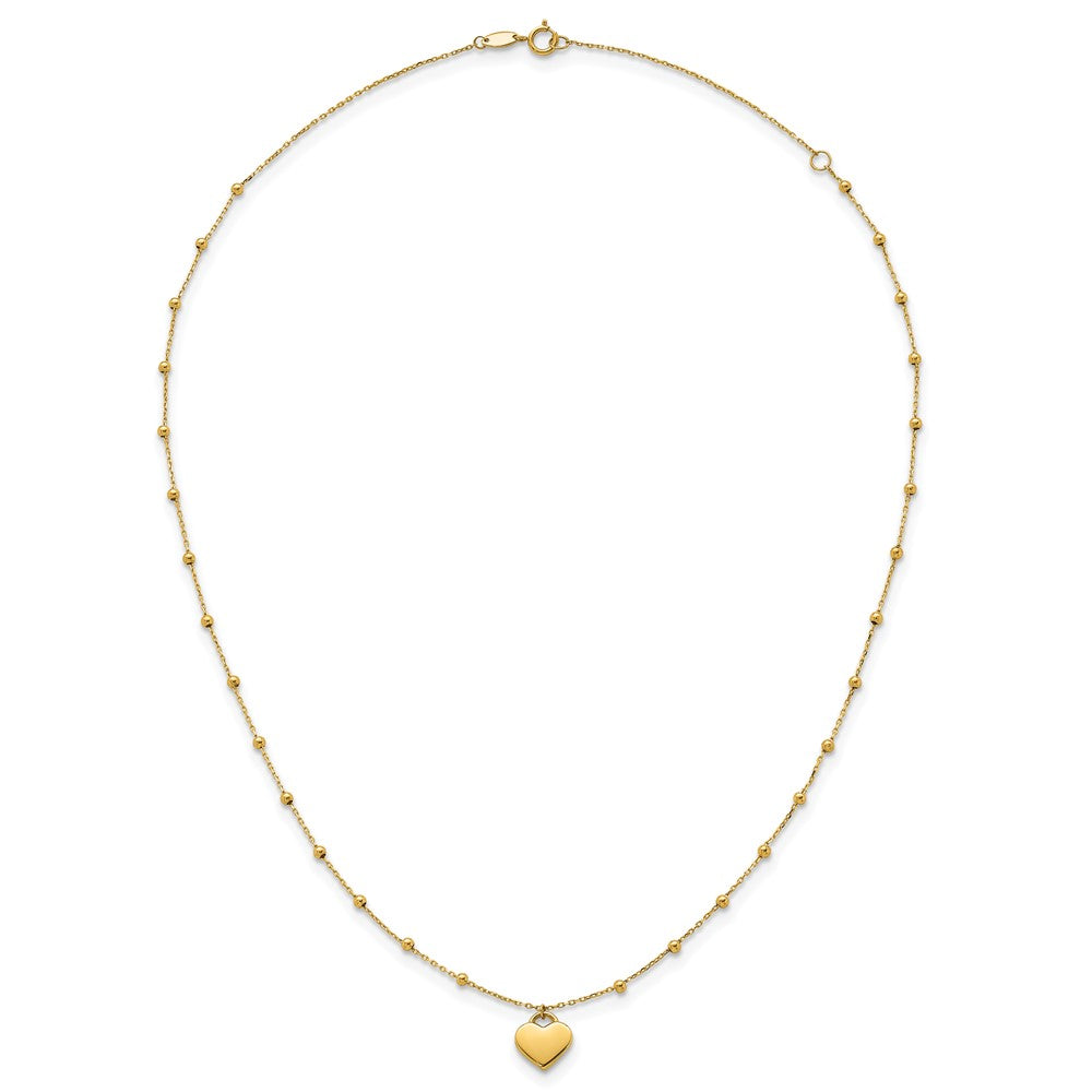14k Polished Heart Pendant and Beaded Chain 16 inch Necklace Plus 2 inch Extender