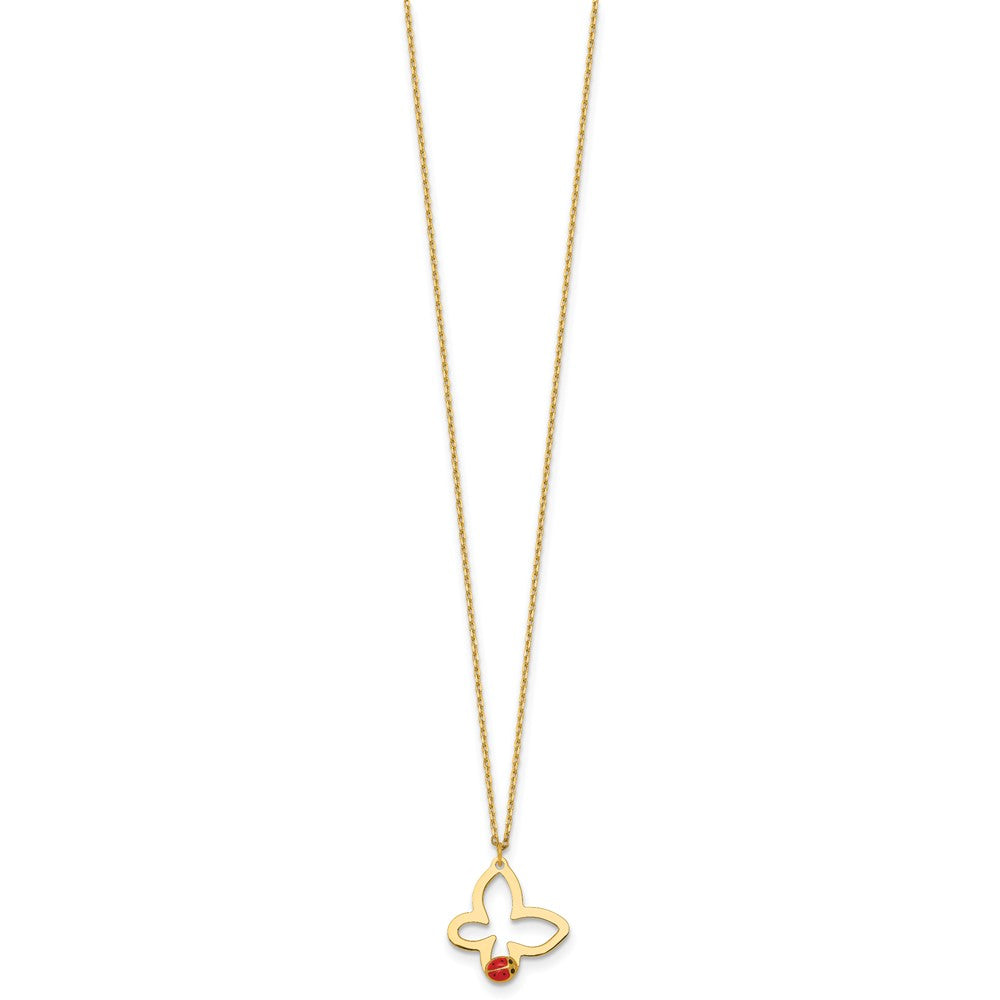 14k Polished Butterfly with Red and Black Enamel Ladybug 15.5 inch Childrens Necklace Plus 0.75 inch Extender