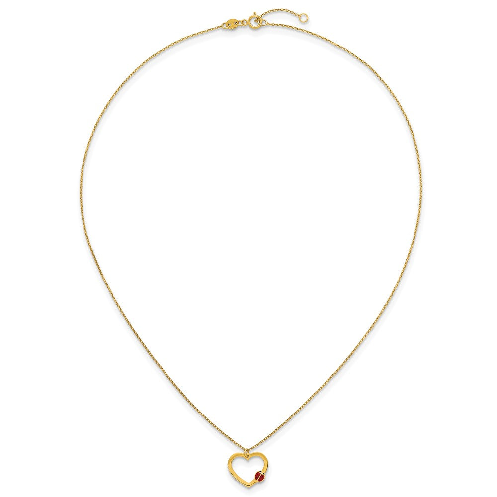 14k Polished Heart with Red and Black Enamel Ladybug 15.5 inch Childrens Necklace Plus 0.75 inch Extender