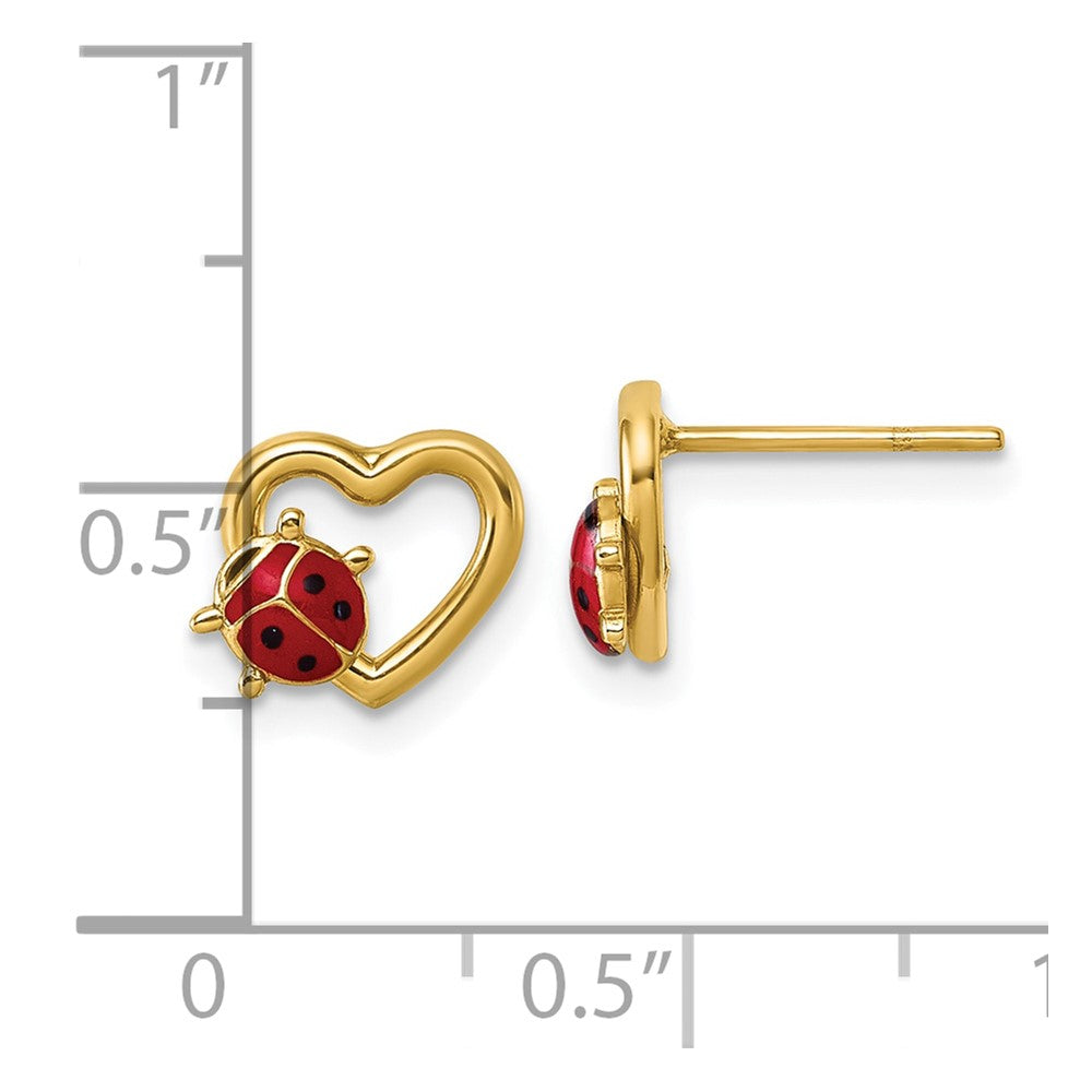 14K Polished Red and Black Enameled Ladybug on Heart Post Earrings