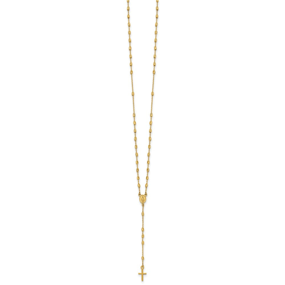 14k Polished Cross and Miraculous Medal Diamond-cut Beaded 16.75 inch Rosary Necklace with 2 inch Extender