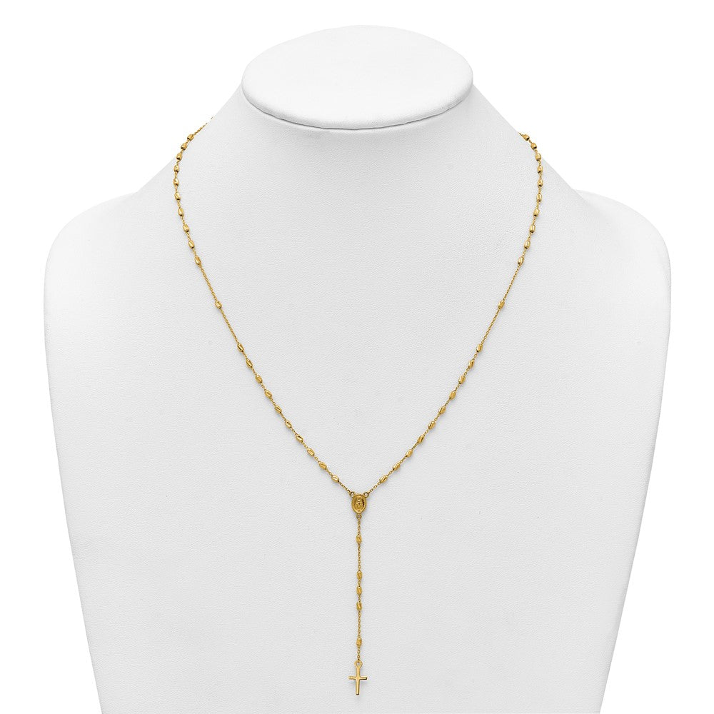 14k Polished Cross and Miraculous Medal Diamond-cut Beaded 16.75 inch Rosary Necklace with 2 inch Extender