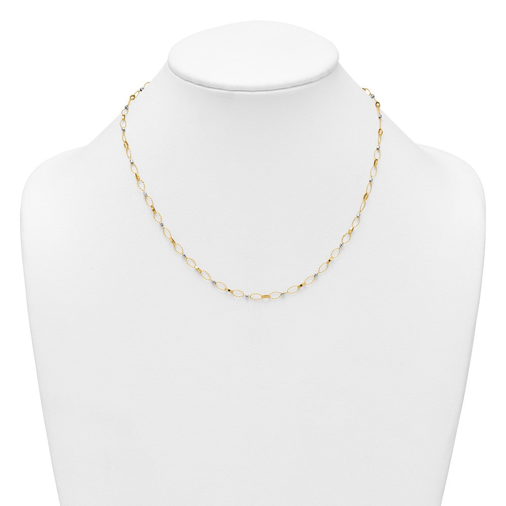 14k Two-tone Polished and Twisted Fancy Oval Links and Faceted Beads 18 inch Necklace