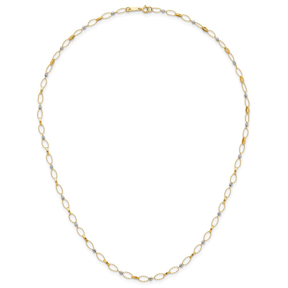 14k Two-tone Polished and Twisted Fancy Oval Links and Faceted Beads 18 inch Necklace
