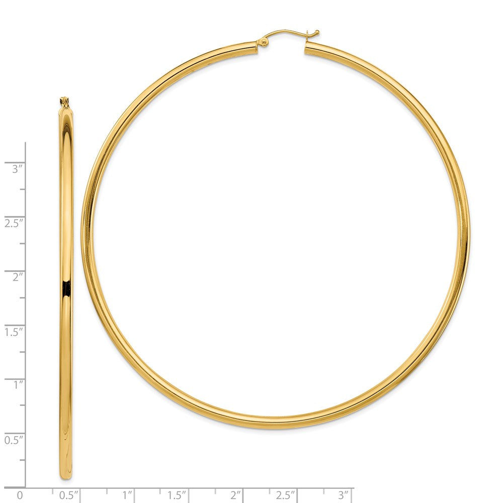 14k 3x90mm Polished Lightweight Round Tube Hoop Earrings