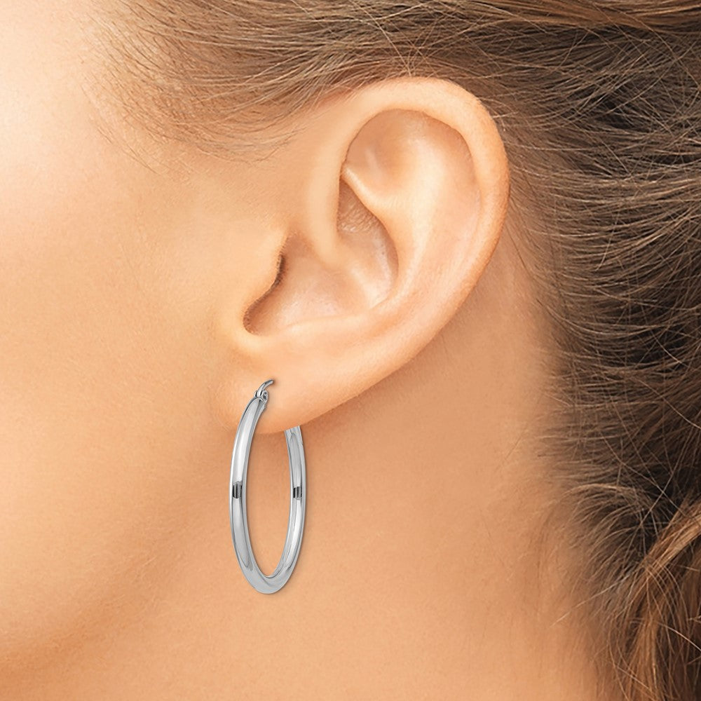 14K White Gold 2.5x30mm Polished Round Tube Hoop Earrings