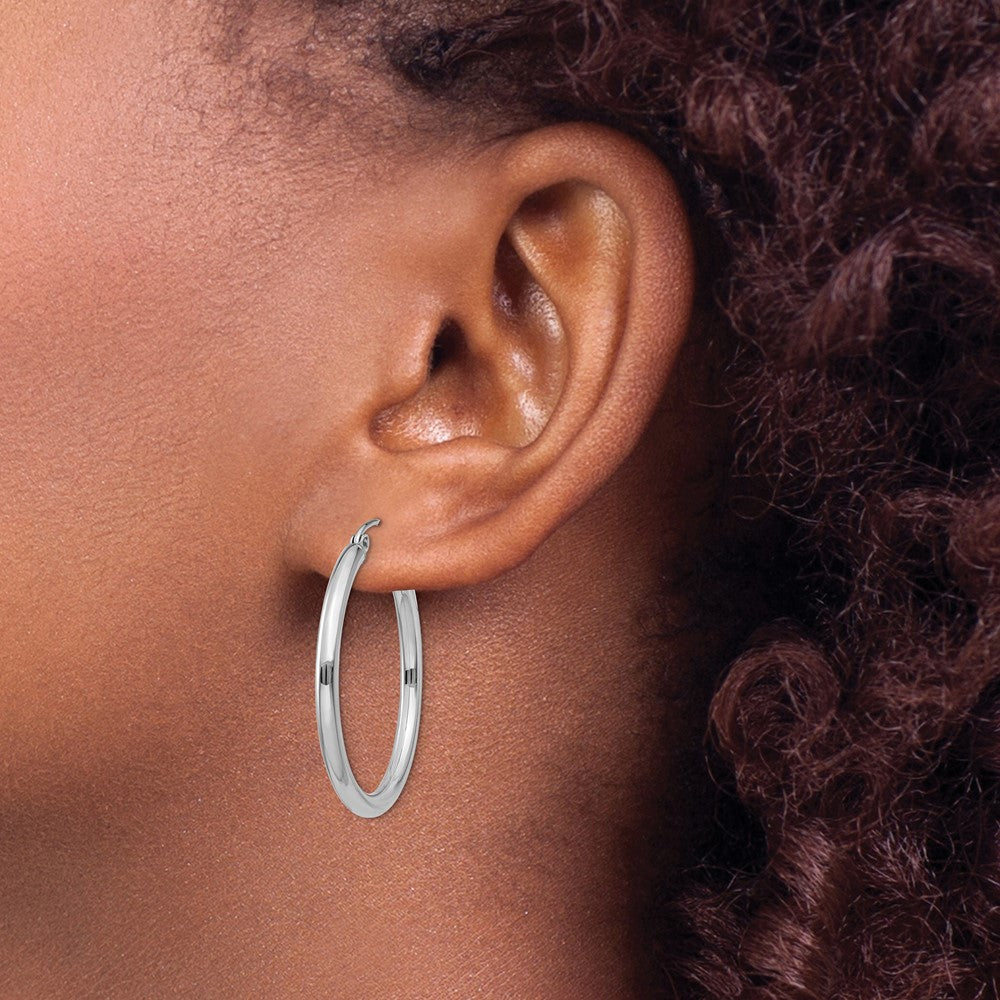 14K White Gold 2.5x30mm Polished Lightweight Tube Hoop Earrings