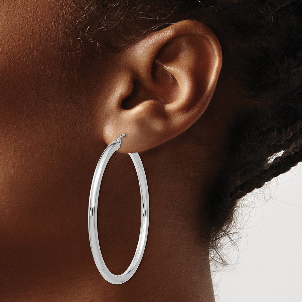 14K White Gold 3x50mm Polished Lightweight Tube Hoop Earrings